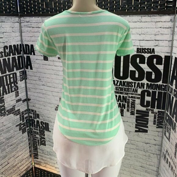 Cha Cha Vente M Mint Green Striped Sheer Step- Hem Short Sleeve Tee - Picture 4 of 6